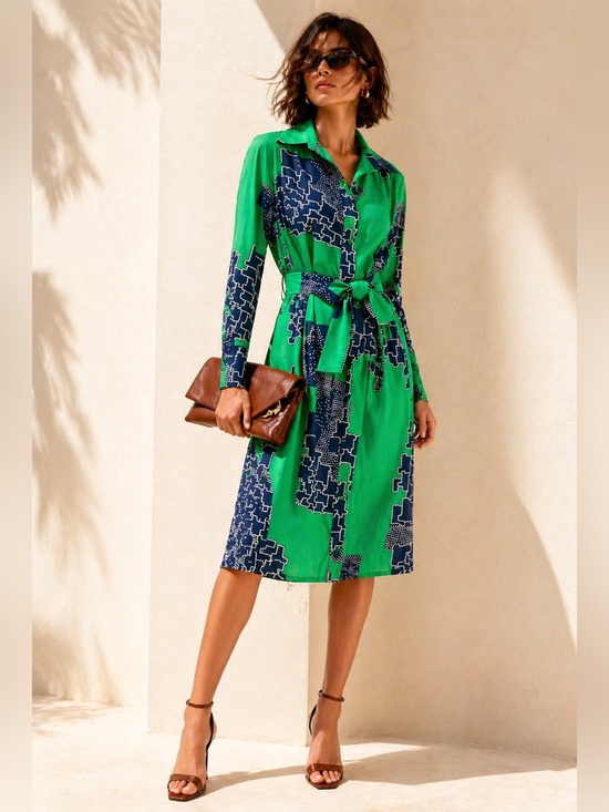 Lanvin Dresses & Skirts - Rare 70s Lanvin Geometric Cotton Midi Shirt Dress Belted Sz 12